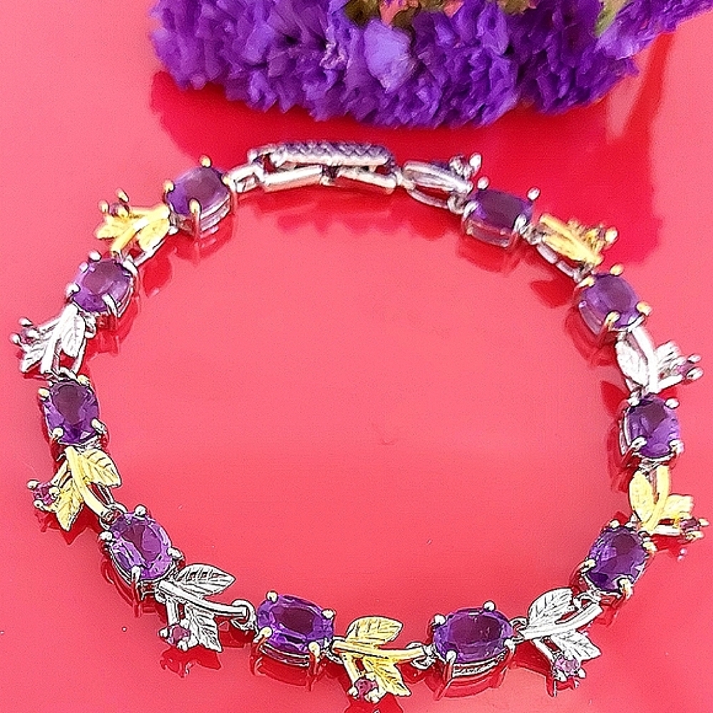 Natural Oval Amethyst 7x5mm & Rhodolite Garnet 925 Sterling Silver Bracelet 7.5"
